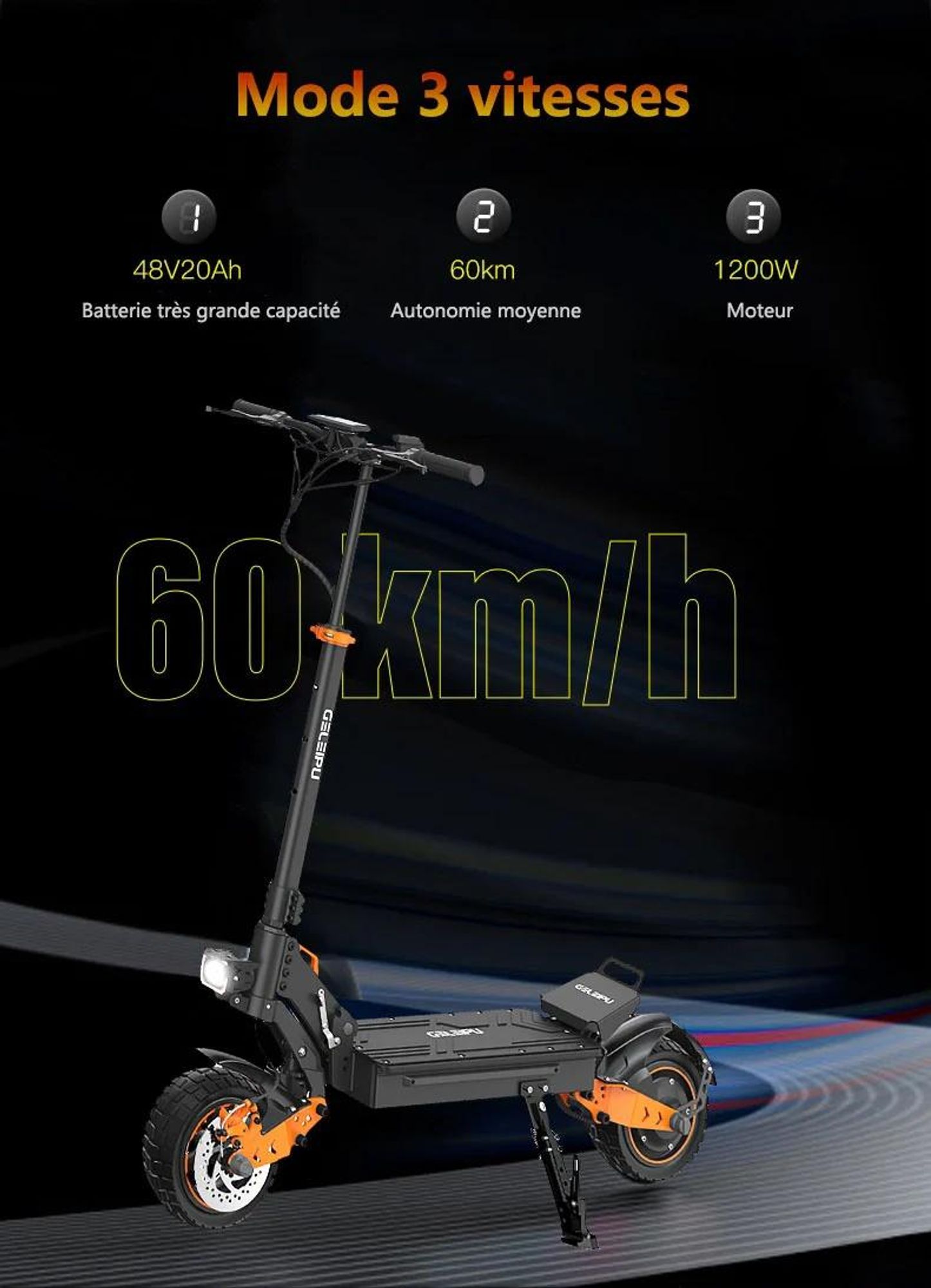 Trottinette Électrique GELEIPU Z1 - Batterie 48V20AH 10" Pouces Roue Freins à Disque - Noir