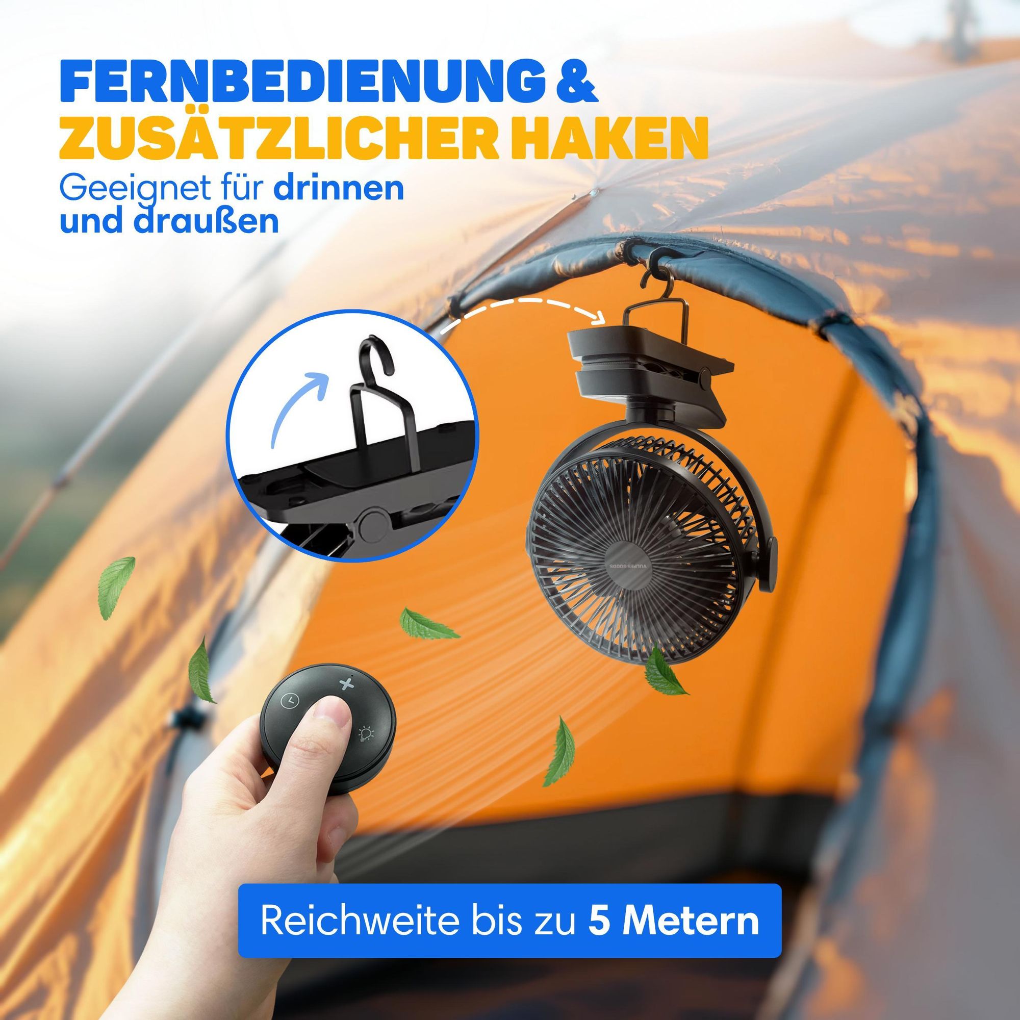 Vulpes Goods Tischventilator, wiederaufladbar und kabellos, leiser Ventilator mit Fernbedienung, 5 Geschwindigkeiten, Beleuchtung & Powerbank-Funktion