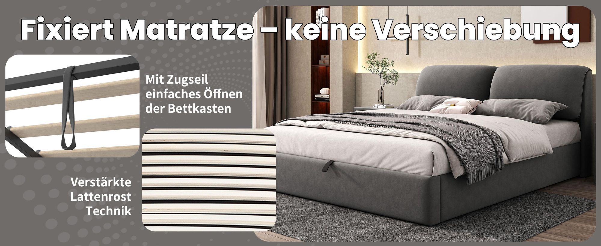 MODFU Boxspringbett Hydraulisches 180 x 200 cm mit Kopfteil, Polsterbett Funktionelles mit 3 Schubladen, Doppelbett Stauraumbett mit Bettkasten Stauraum, Samt Grau(Ohne Matratze)