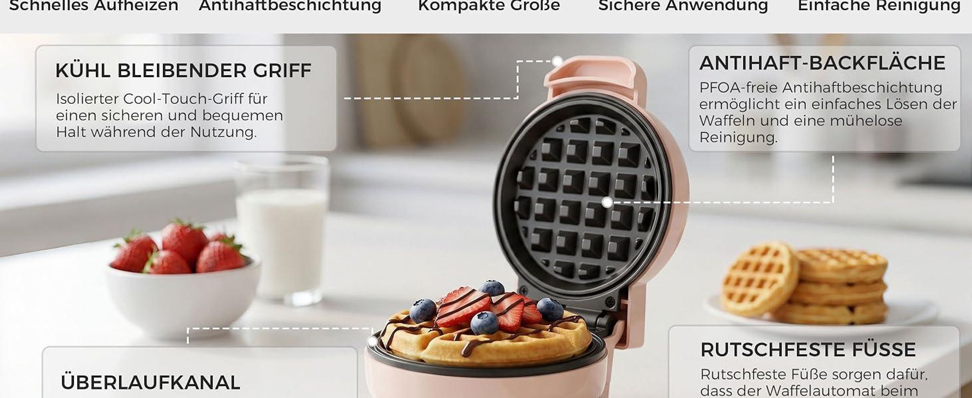 YASHE Mini Waffeleisen 550W, Antihaft-Waffelmaschine, Rosa