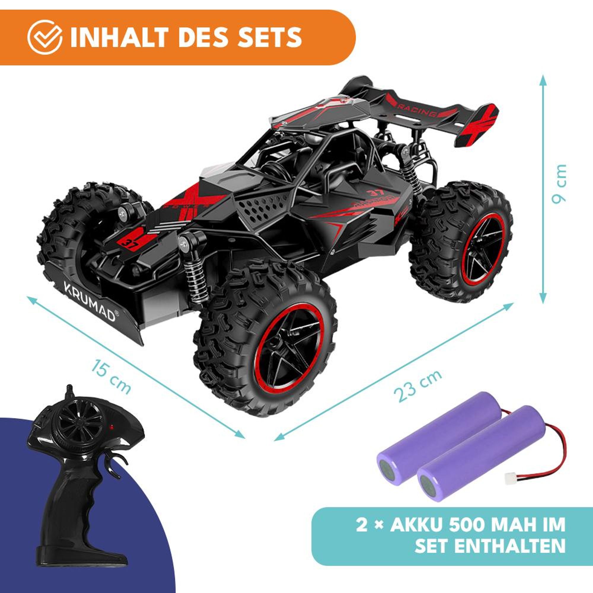KRUMAD Ferngesteuertes Auto 3.7V – RC Offroad Auto für Kinder ab 3 Jahren mit 2 Akkus, LED-Licht, 2,4GHz Fernsteuerung & USB-Ladekabel