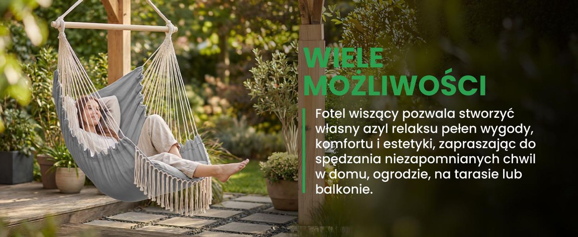 Wiszący fotel ogrodowy w stylu brazyliskim z dwiema poduszkami do wagi 150 kg