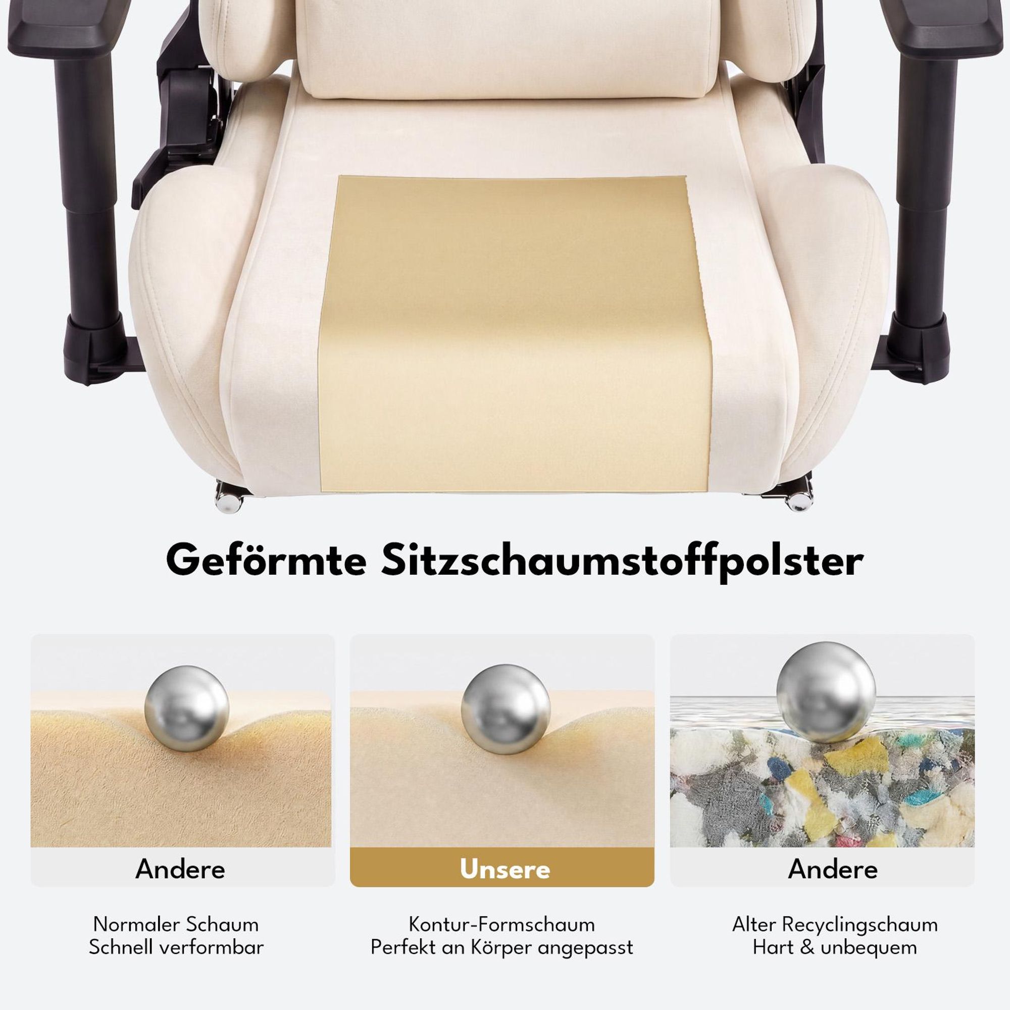 Beiger Gaming-Stuhl, Materialübersicht WildKunstleder und Schaumpolsterung