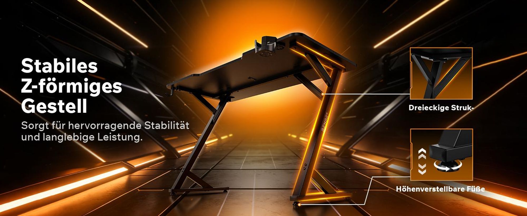 Sense7 VAMO Gaming Schreibtisch 140x70 cm Schwarz Computertisch PC Tisch Carbon Optik Z-Shape Gamer Tisch mit Getränkehalter Home Office Büro