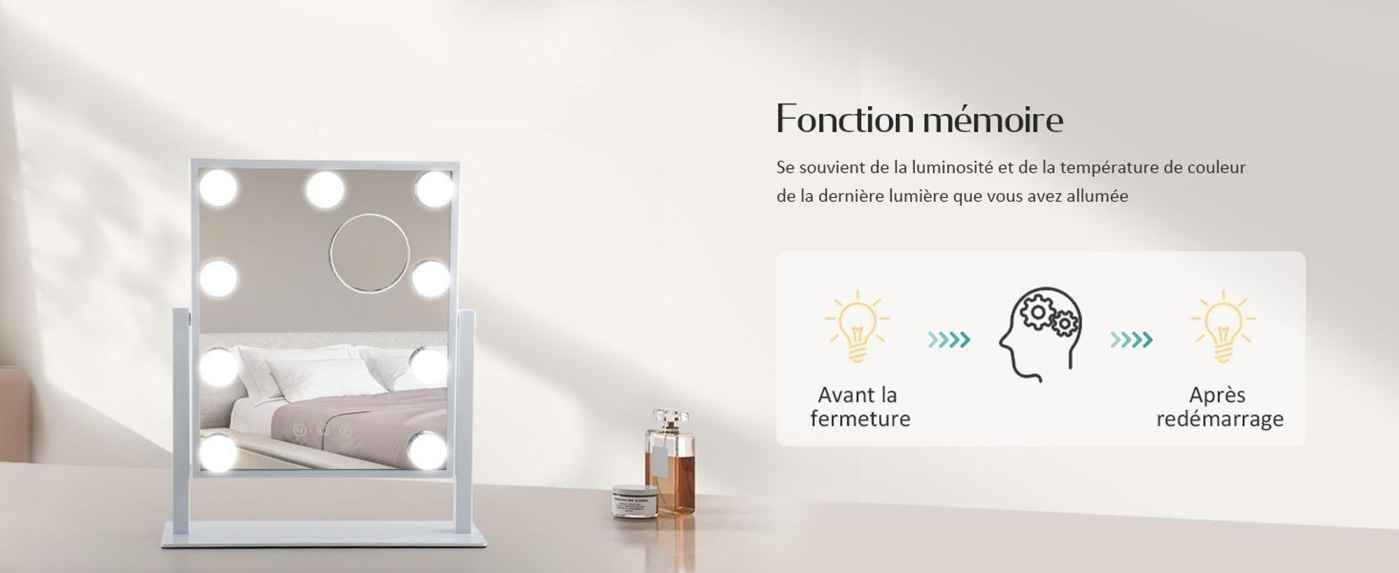 Miroir cosmétique EMKE avec éclairage LED 47,5 x 36,5 cm Miroir de maquillage grossissement 7x 3 couleurs de lumière Intensité réglable Rotation à 360°, blanc