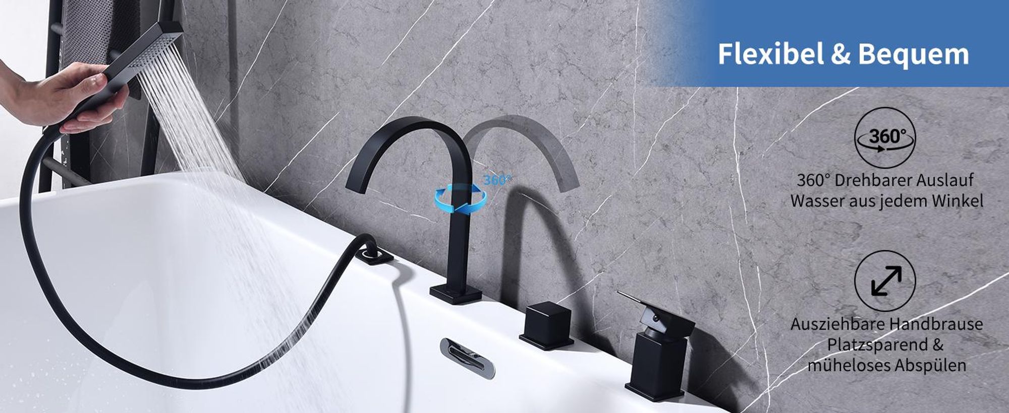 Homelody Badewannenarmatur 4 Loch Schwarz, Badewanne wasserhahn Duschset mit Armatur Handbrause Wasserfall Wannenarmatur