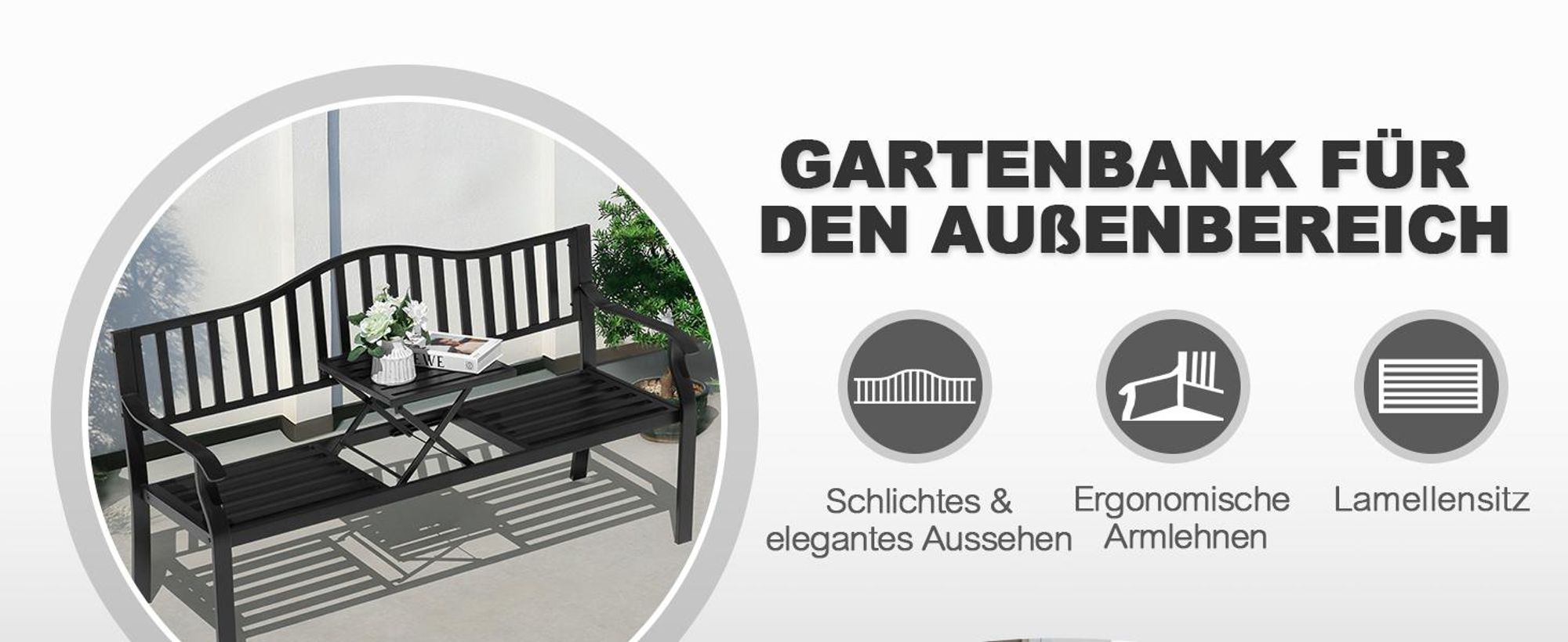 Avestar Gartenbank Outdoor Terrassenbank, E-beschichteter Metallrahmen Parkbank mit integriertem kleinen Tisch, Schwarz
