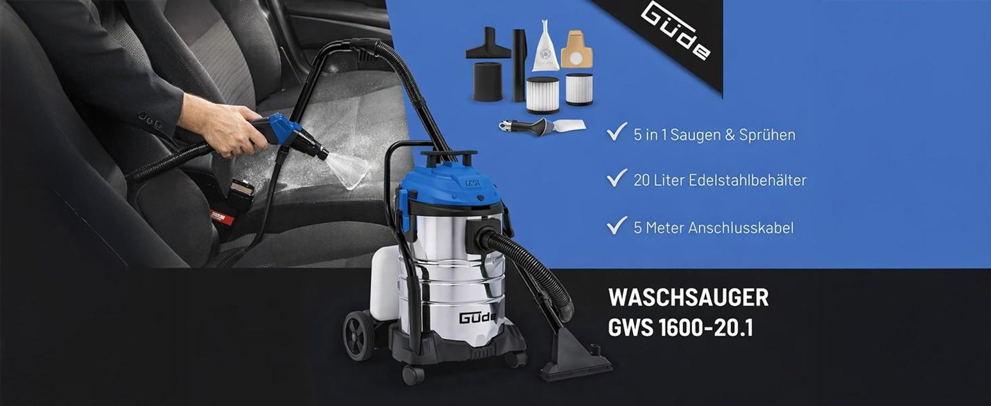 Waschsauger GWS 1600-20.1 mit 5 in 1 Funktion zum Saugen und Sprühen, 5 Liter