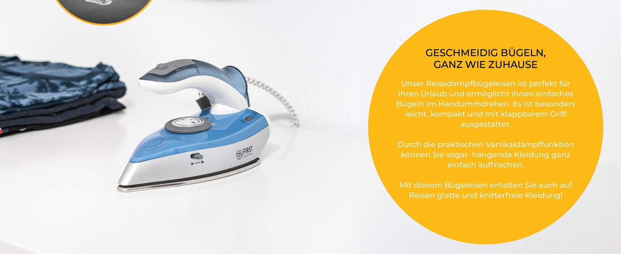 TZS First Austria Reisebügeleisen, mini Bügeleisen mit Klappgriff - 60 ml Wassertank, 100-240V, Dampfbügeleisen