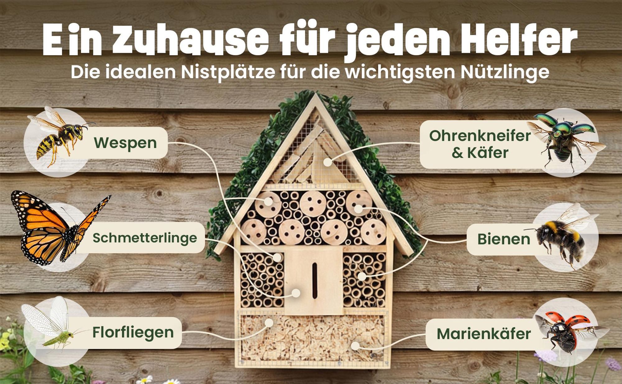 Insektenhotel Wetterfest Metalldach zooprinz | Massivholz | Aufhängbar | 31 x 50 cm | Bambus Holzspäne Holzlöcher Kiefernholz Tannenzapfen