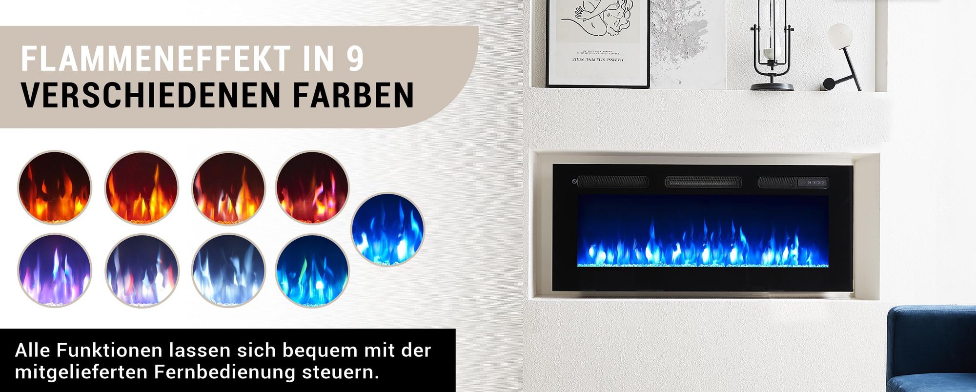 BALDERIA Elektrokamin Leif 40" | 3in1 Stand/Wand/Einbaukamin, 3D-Flammeneffekt, dimmbar, Heizung 1800W, Timer, Thermostat, Startsteuerung | Schwarz