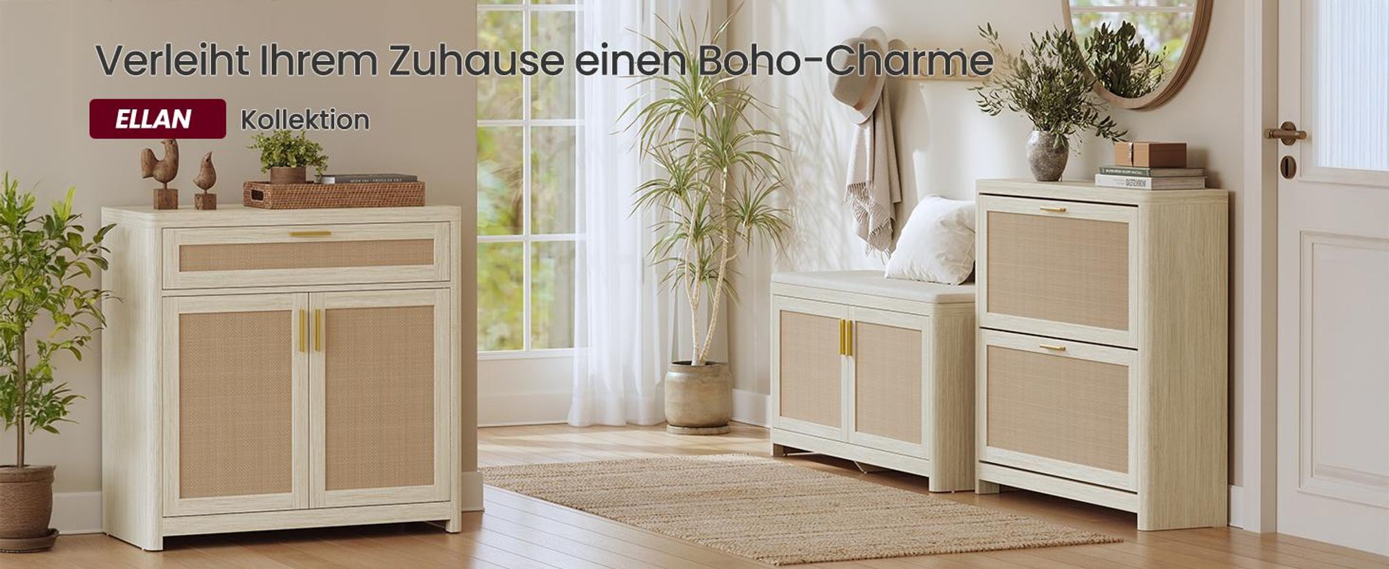 VASAGLE Küchenschrank im Boho-Stil, Türen Rattan-Optik, Sideboard, verstellbare Ablage, Schublade, Wohnzimmer, beige