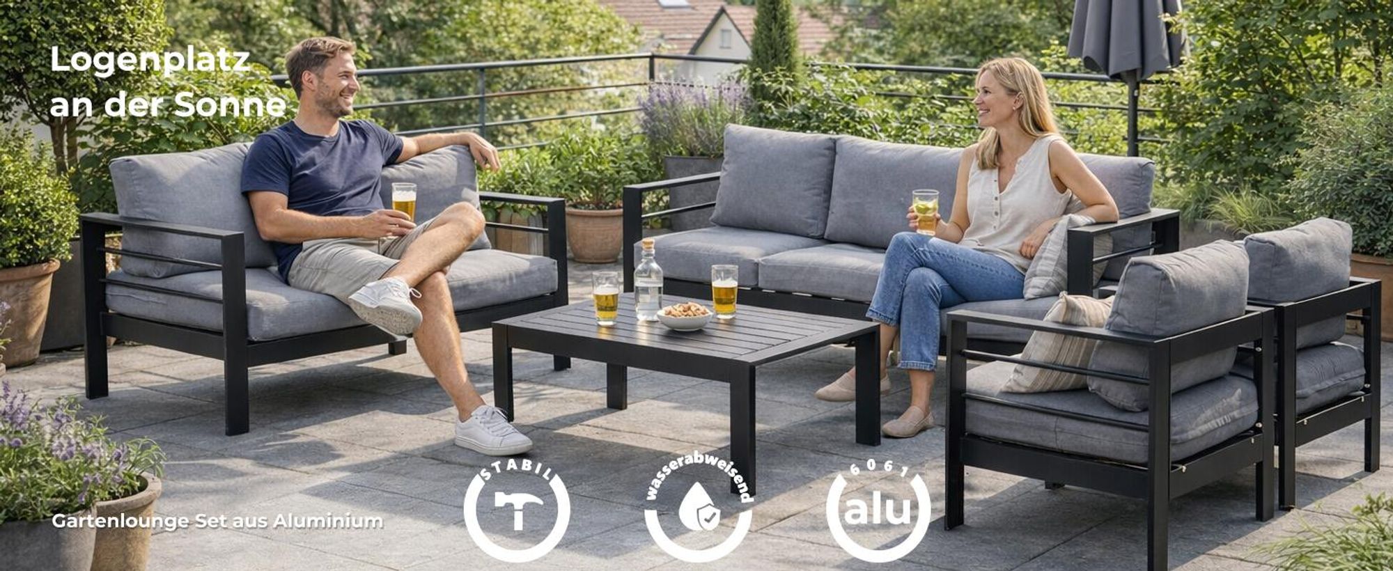 MeXo Gartenlounge-Set Gartenmöbel Set Aluminium Wetterfest 6-7 Personen, mit 12cm Deluxe Relax-Sitzkissen, pflegeleichte Polywood-Tischplatte