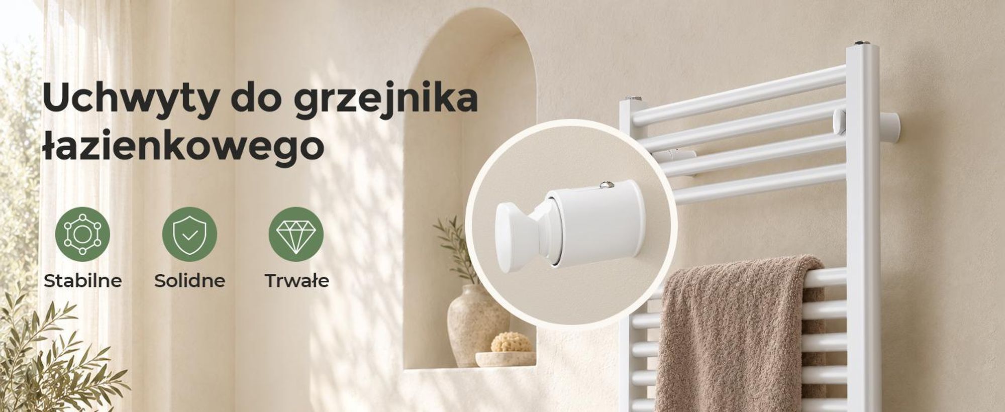 Uchwyty do grzejnika łazienkowego, zestaw 4 szt., białe, do prostych rur okrągłych Ø22–25 mm, Rozstaw osi 40–45 mm, regulacja 20 mm, 1 sztuki