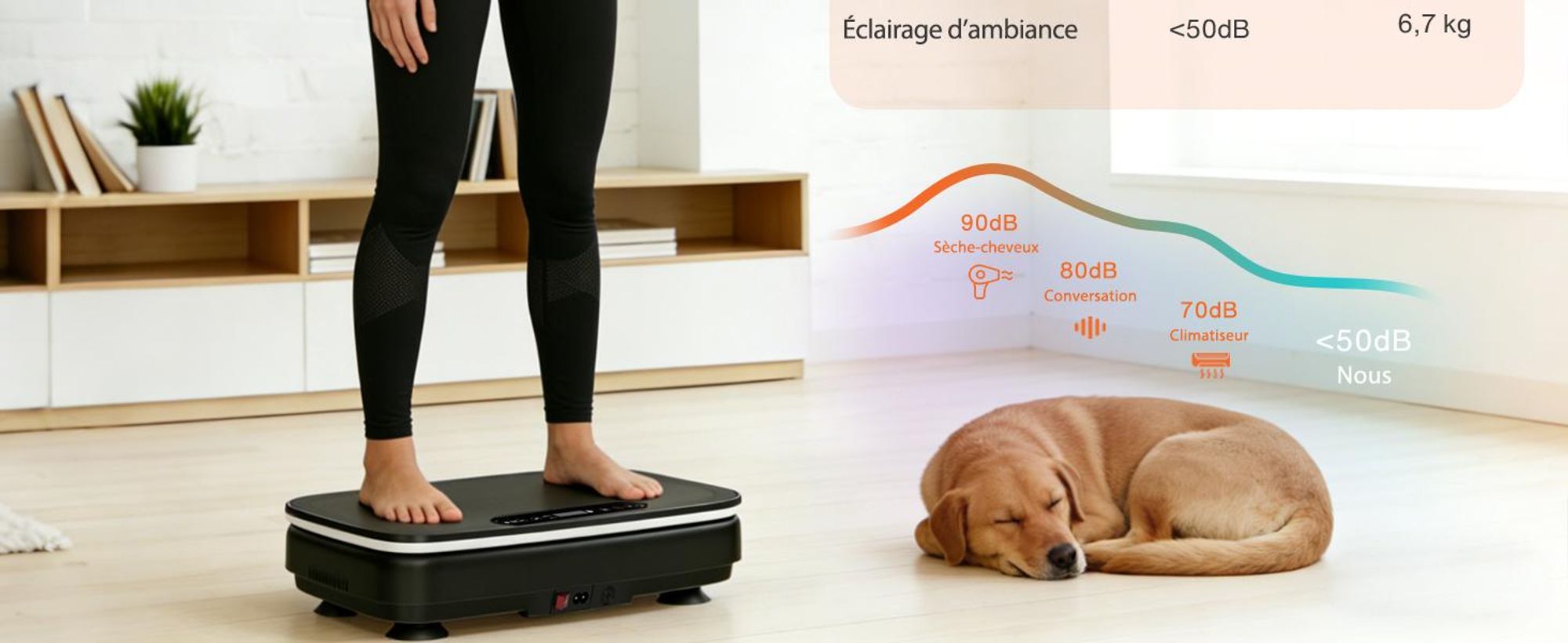 DH FitLife Plateforme vibrante pour maison, 0-99 niveaux, 9 programmes automatiques, Bluetooth, LED et bandes élastiques, jusqu'à 150 kg
