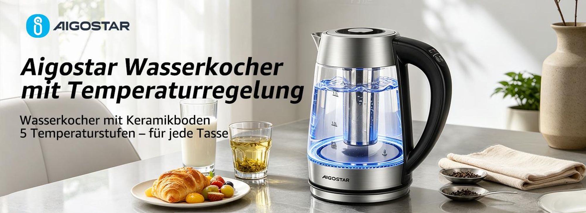 Aigostar Glas Wasserkocher 1,7 L mit Temperatureinstellung 60–100 °C, 2200 W, Farbwechsel-LED, 120 Min. Warmhaltefunktion, Edelstahl & Borosilikatglas