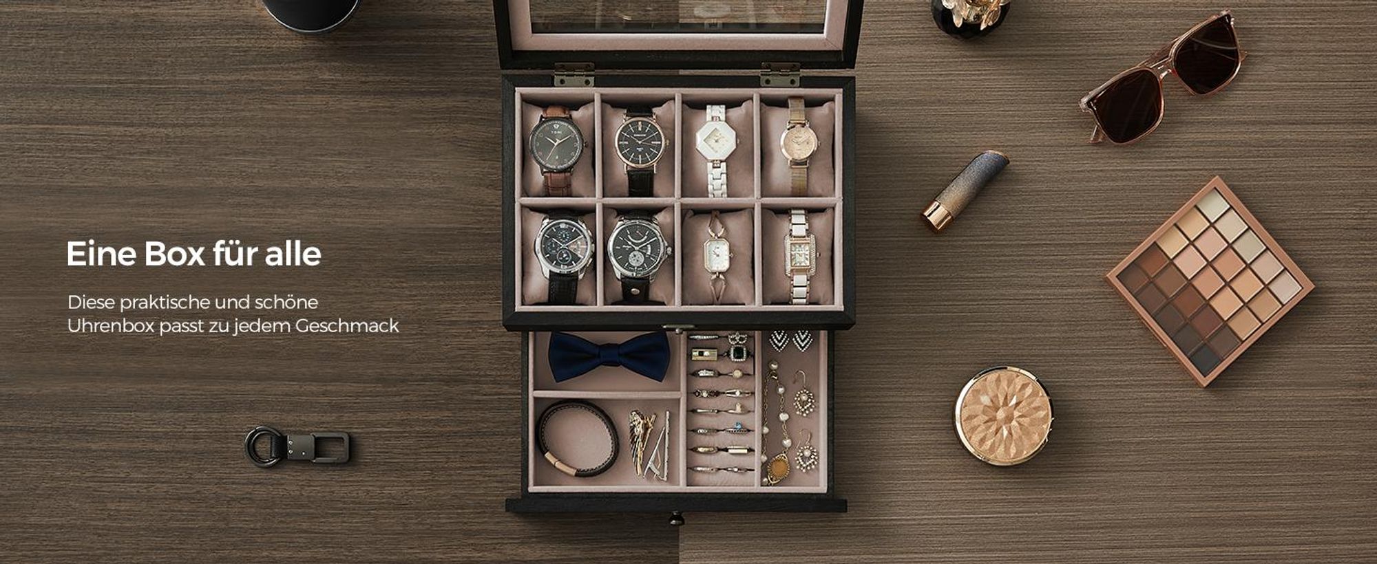 SONGMICS Uhrenbox Uhrenkasten, mit 8 Fächern, aus Massivholz, Glasdeckel