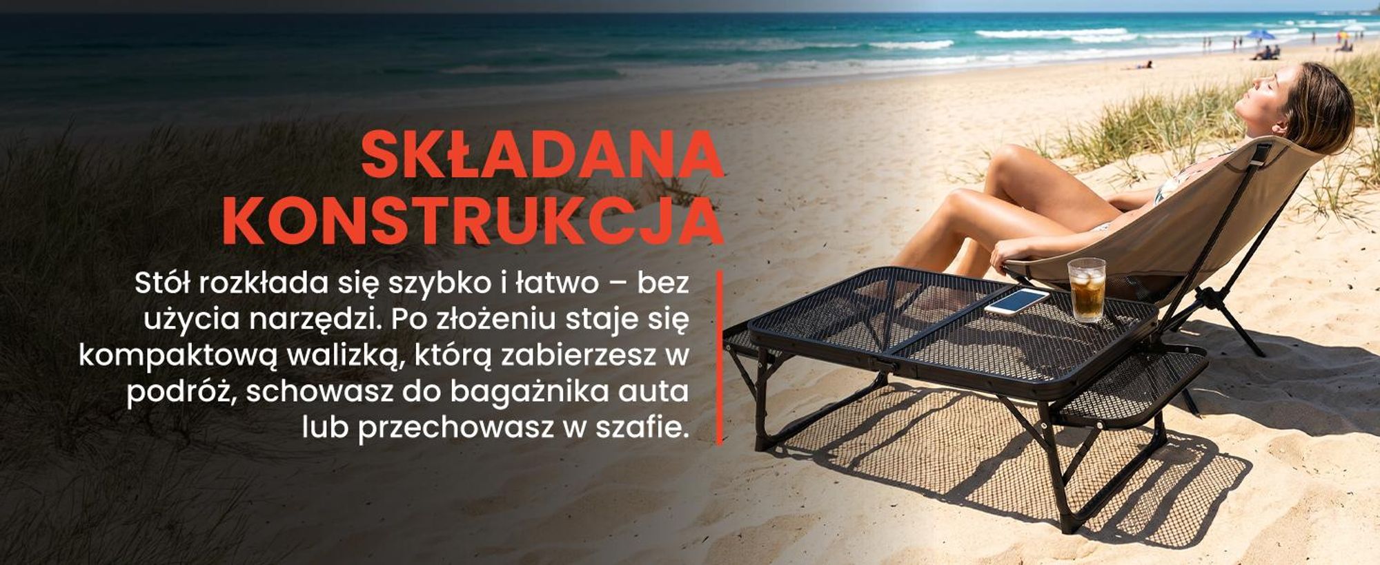 Mały składany stolik campingowy w walizce z bocznymi półkami czarny