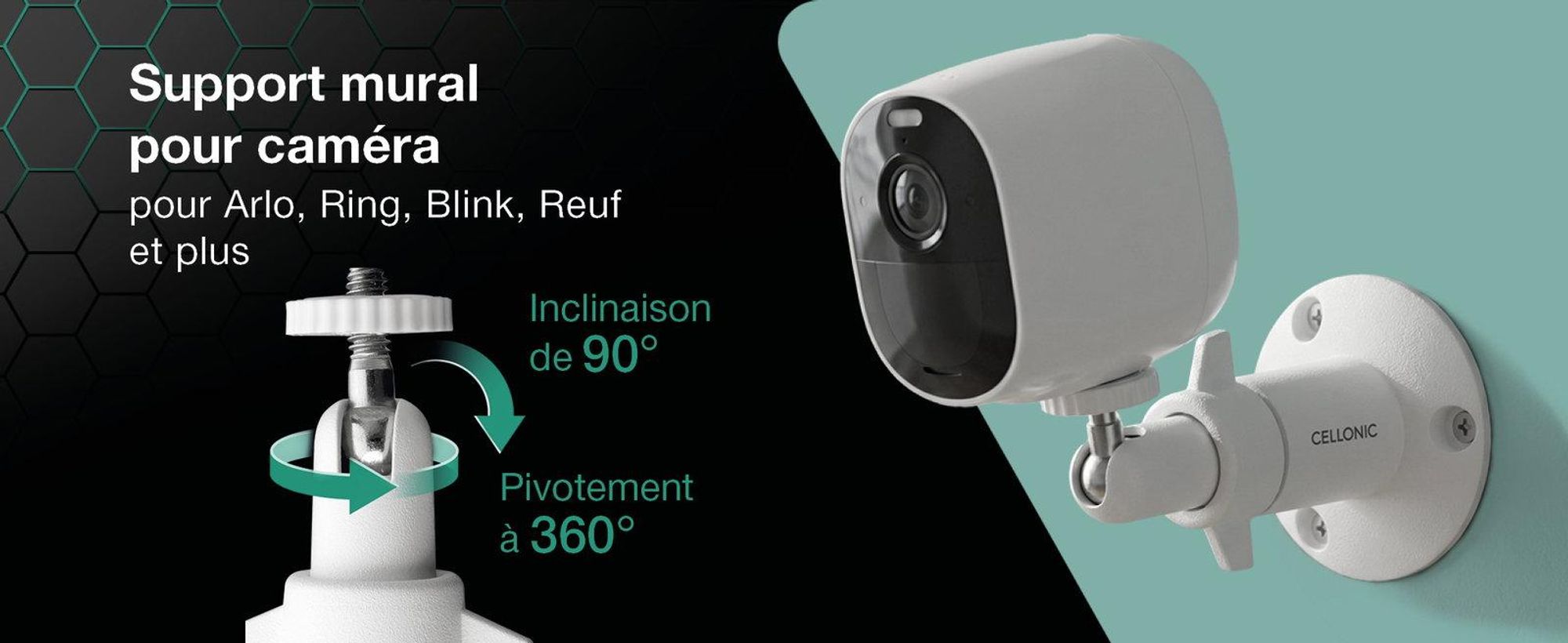 CELLONIC - Support caméra de surveillance avec filetage 1/4" pour Arlo Pro 5, 4, Pro 3, Pro 2, Pro, Ultra 2, Ultra, Ultra 4k, Go, Essential, Light fixation au mur de caméra de surveillance intérieur et extérieur, Security camera mount