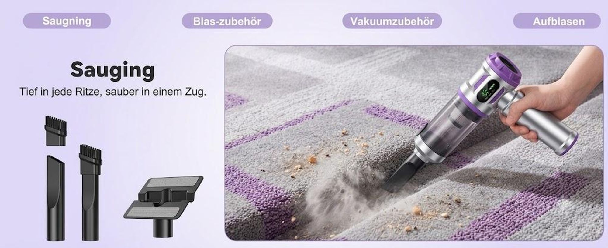 27000Pa/120W Handstaubsauger Akku Kabellos, Upgrade Beutelloser Mini Auto Staubsauger, 4-in-1 Handsauger mit HEPA Filter & 3Stufen,für Auto & Haushalt