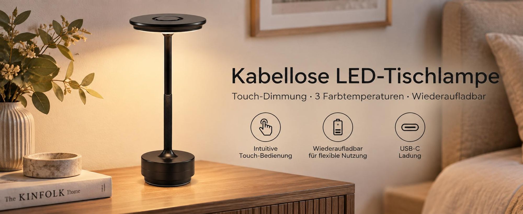 2er Set Kabellose Dimmbare LED Akku Tischleuchten, Touch Tischlampen, 3 Lichtfarben, Nachttischlampen für Wohnzimmer Schlafzimmer, Schwarz