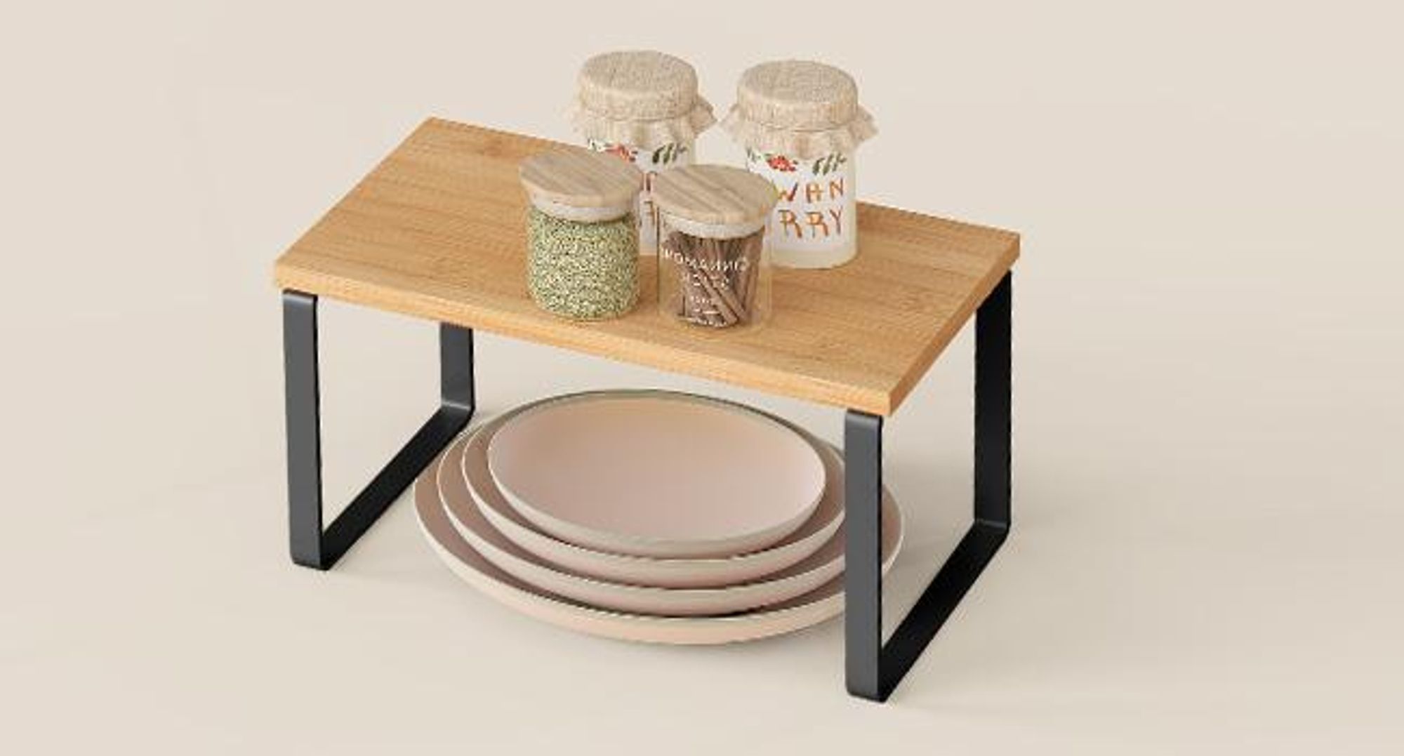 Gewürzregal, 3er Set Küchen-Organizer, Küchenregal, stapelbar, erweiterbar, Metall und Holzwerkstoff, tintenschwarz-naturbeige