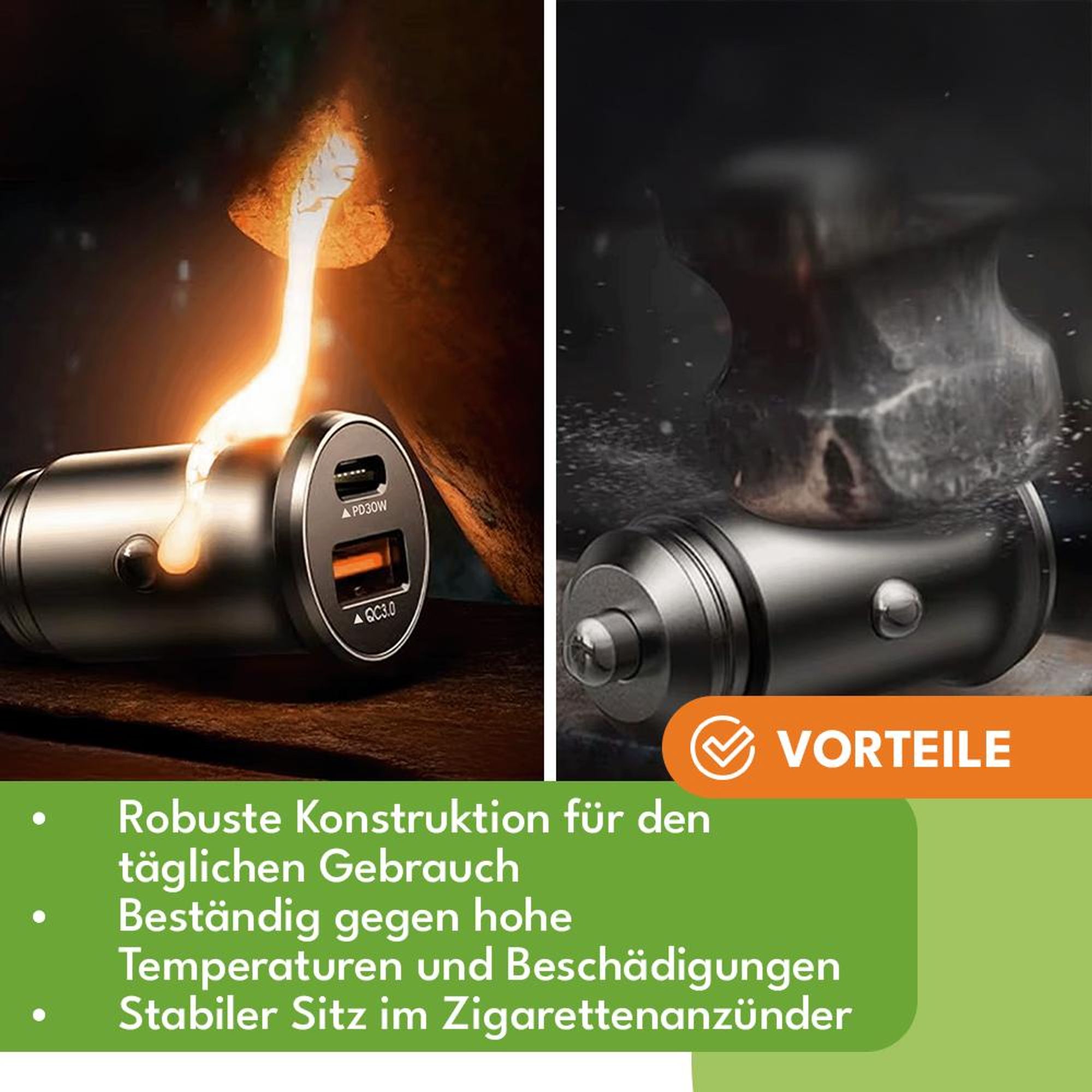 KRUMAD Auto Ladegerät USB-C PD 30W + USB-A QC 3.0, Dual Port Schnellladegerät 52,5W für Smartphone Tablet, 12V Zigarettenanzünder