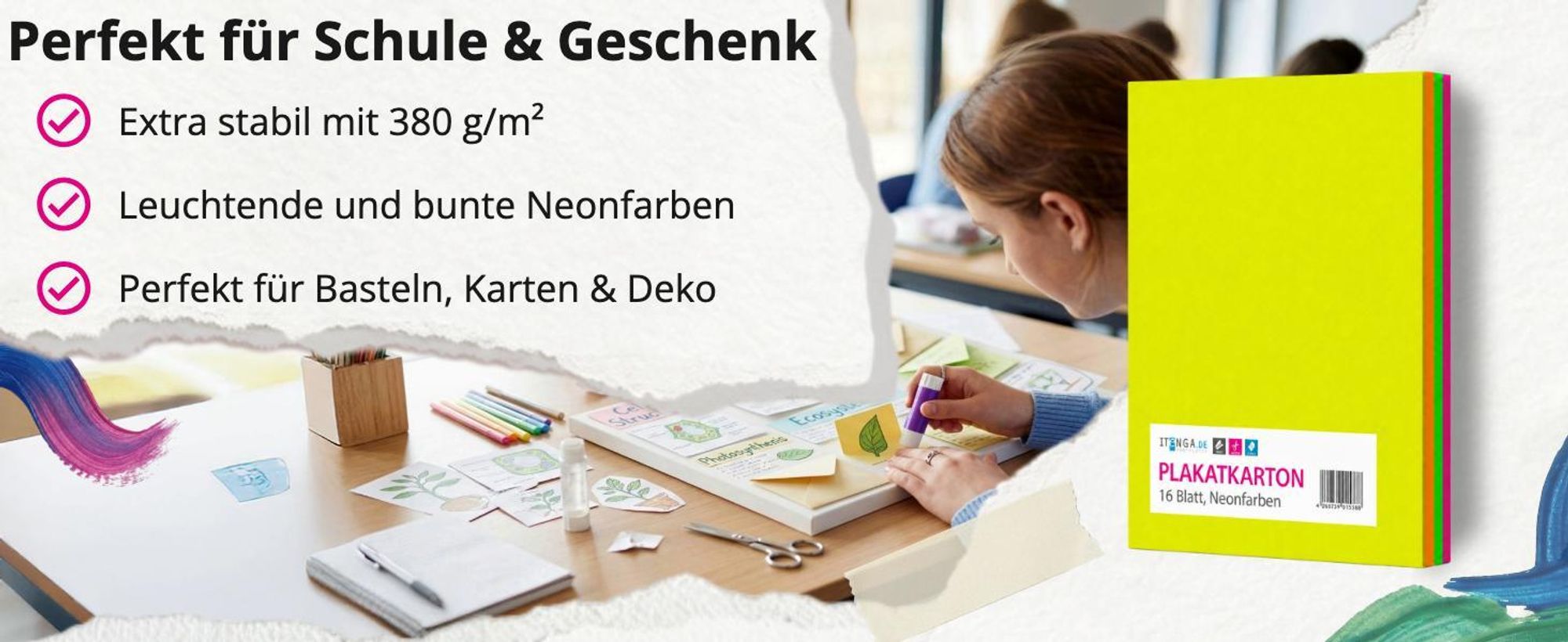 itenga Plakatkarton - A4 380 g/qm  16 Blatt - NEON Farben - gelb orange pink grün