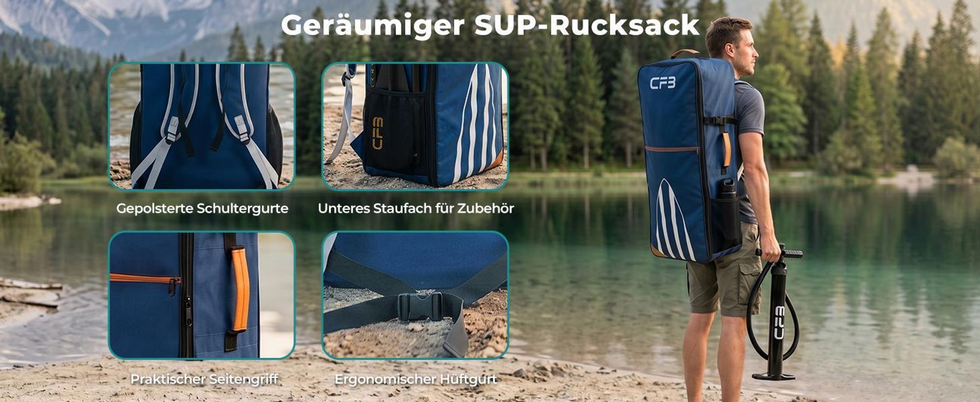 CFB Stand Up Paddle Board 335 mit 86 cm Standfläche, Bis zu 200kg, SUP Board mit Paddel, Pumpe, Rucksack, aufblasbares iSUP Set für Anfänger&Familien