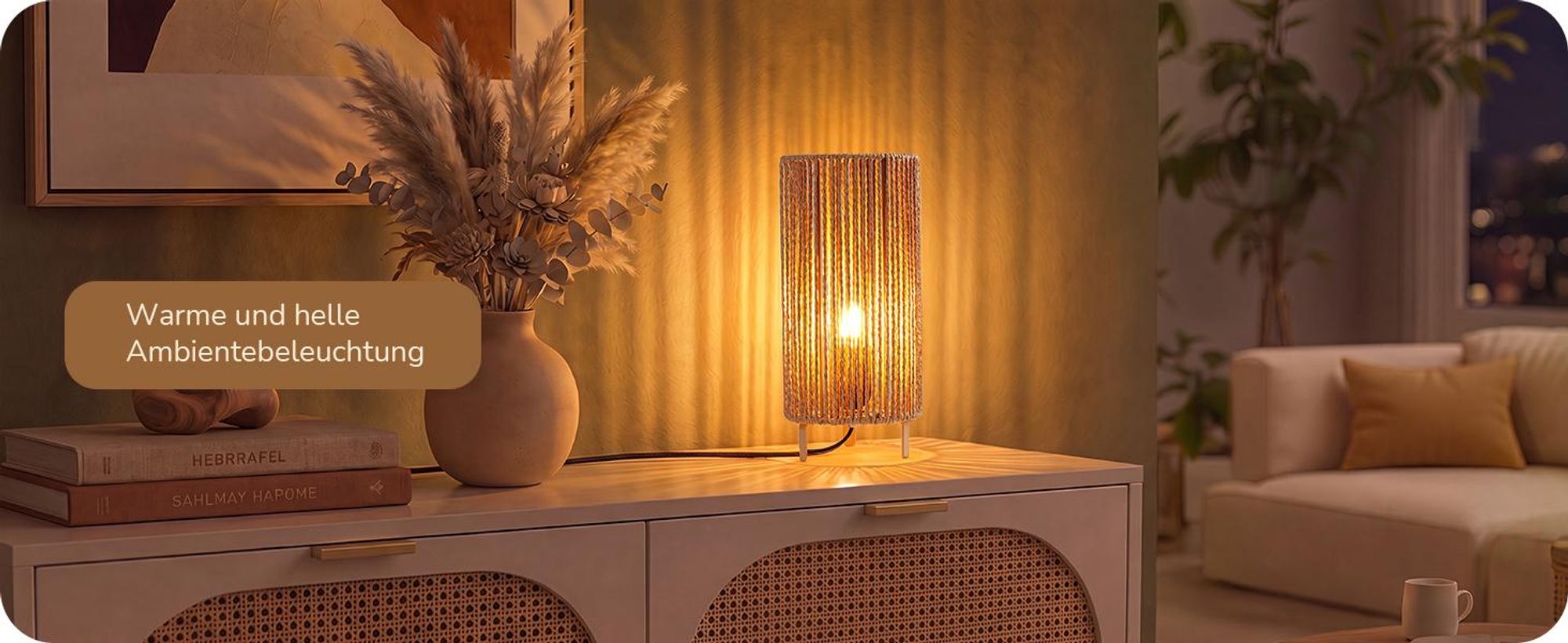 EDISHINE Nachttischlampen 2er-Set, gewebter Papierseilschirm, inkl. 4W LED  Moderne Tischlampe mit Metallgestell, E27 Fassung, 2700K Warmweiß