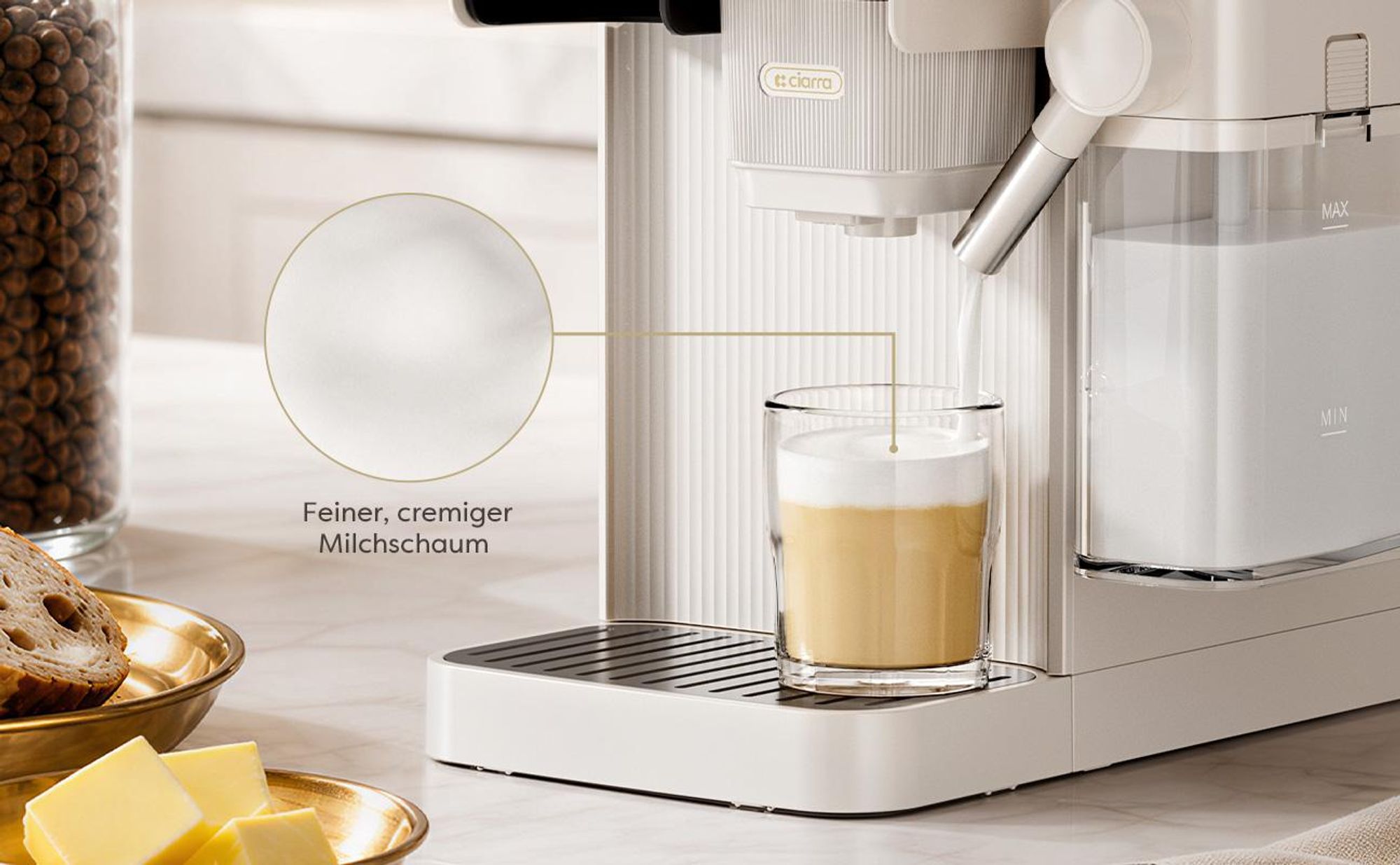 CIARRA Kaffeemaschine mit Mahlwerk Bohnen, 15 Bar, Touch-Display, Espressomaschine mit Milchaufschäumer(300 ml), 6 Mahlstufen CBSACM-D6
