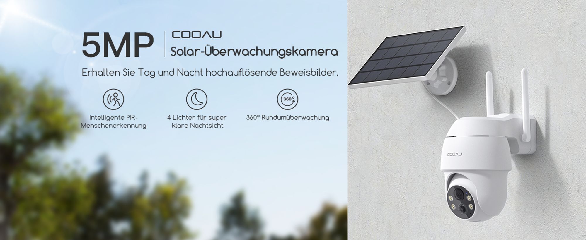 3MP Überwachungskamera Aussen Akku Solar IP Kamera WLAN Outdoor Überwachung mit H.265-Videokomprimierung | 4 Spotlight