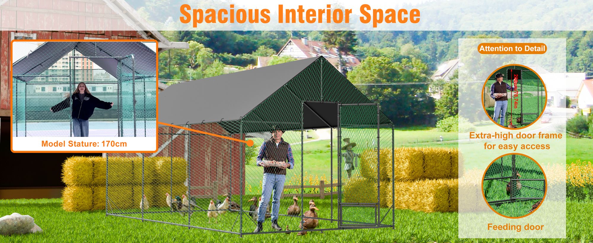 WISFOR 11.6㎡ Hühnerstall Tiergehege Freilaufgehege Tierlaufstall mit PE-Schattendach, Größe XL: 300 x 405 x 276 cm