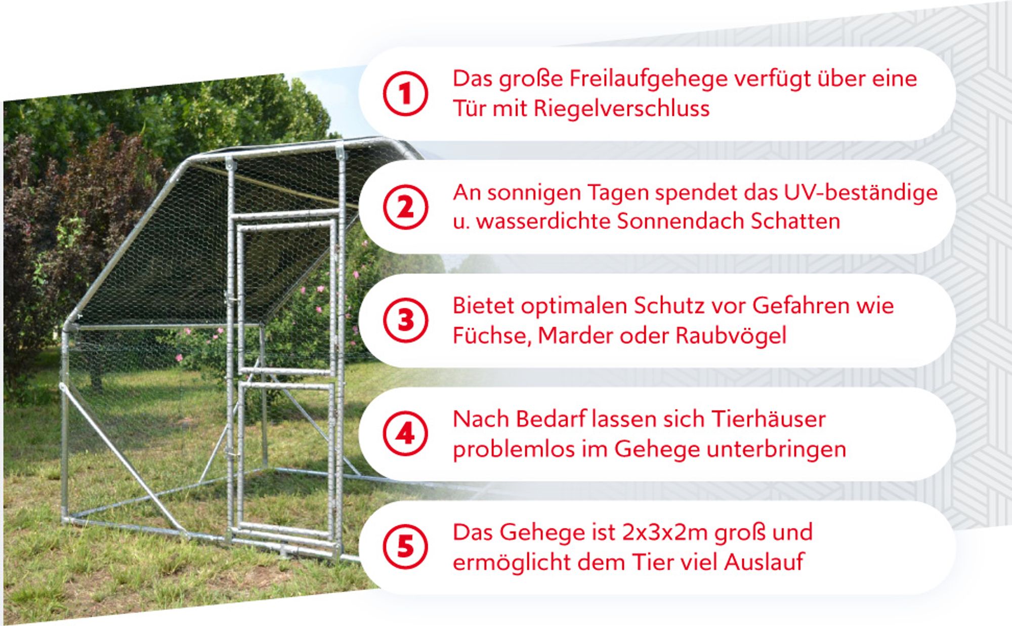 Wiltec XXL Freilaufgehege 2 x 3 x 2 m mit Sonnendach und verzinkten Gitterstäben, Außengehege als Voliere Hühnerstall oder Hasenstall, Kleintiergehege mit Riegel