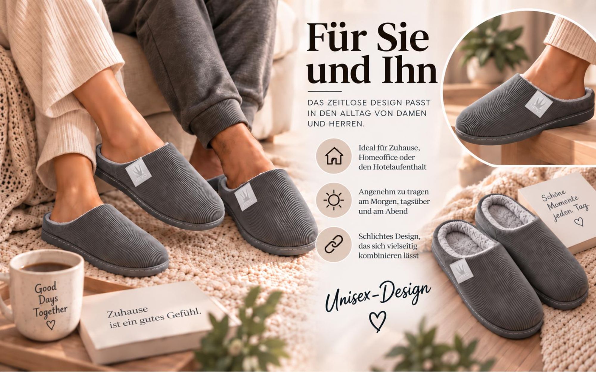 Uni Premium Cord Hausschuhe HEYO Pantoffeln Memory-Foam Teddy-Futter Slippers 40/41