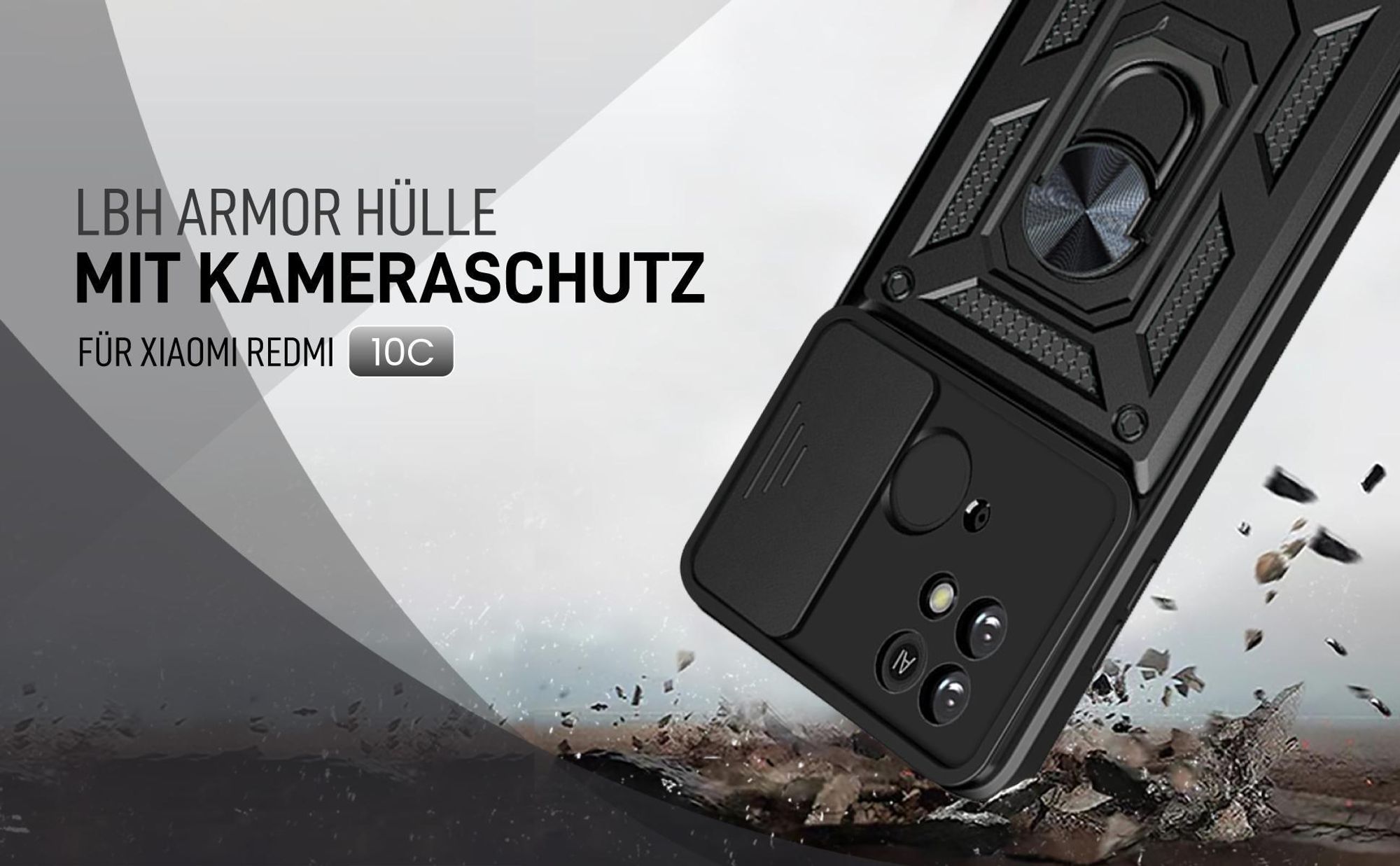 Schwarze Outdoorhülle mit Kameraschutz für Xiaomi Redmi 10C