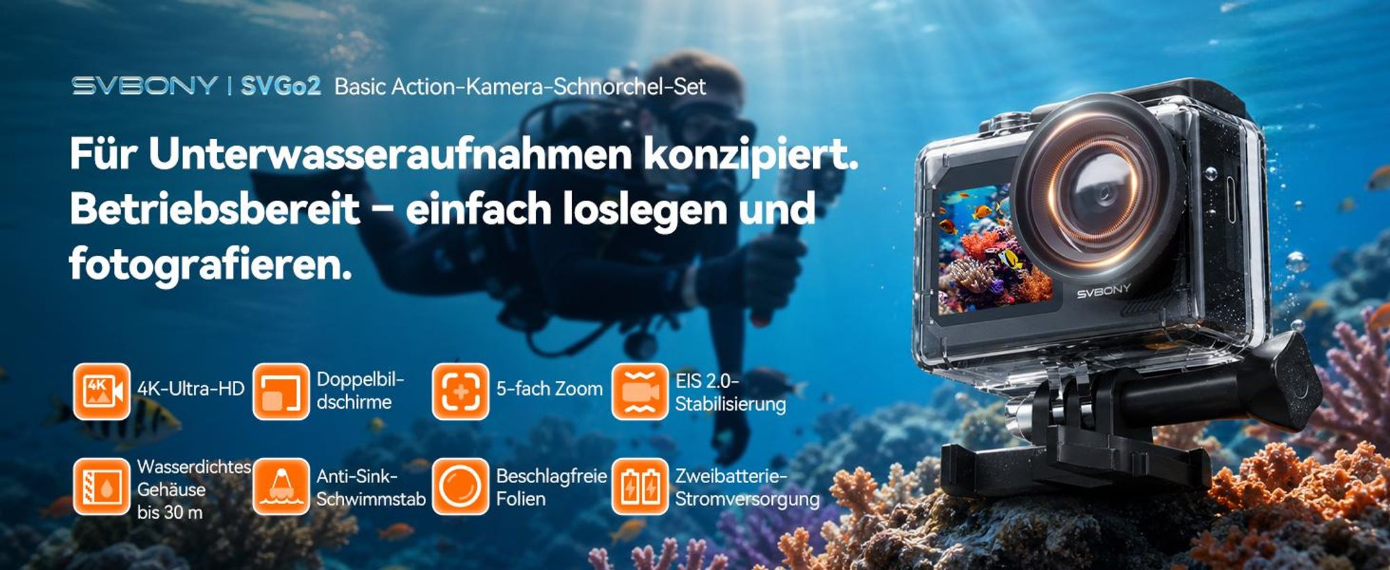 SVbony SVGO2 Action-Kamera 4K/30 fps IPX8 wasserdicht,30m,WLAN, EIS, 2,0-Zoll-Touchscreen, mit Auftriebsstange 2x1350mAh Akkus für Schnorchel, Surfen