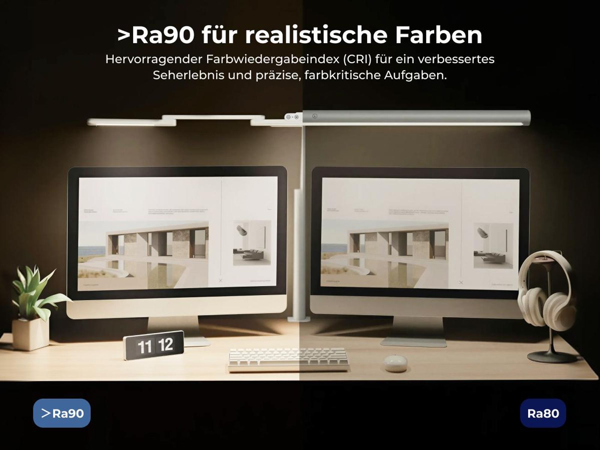 HOKO LUKAS dimmbare LED-Schreibtischlampe mit Lichtsensor für große Arbeitsflächen, Weiß