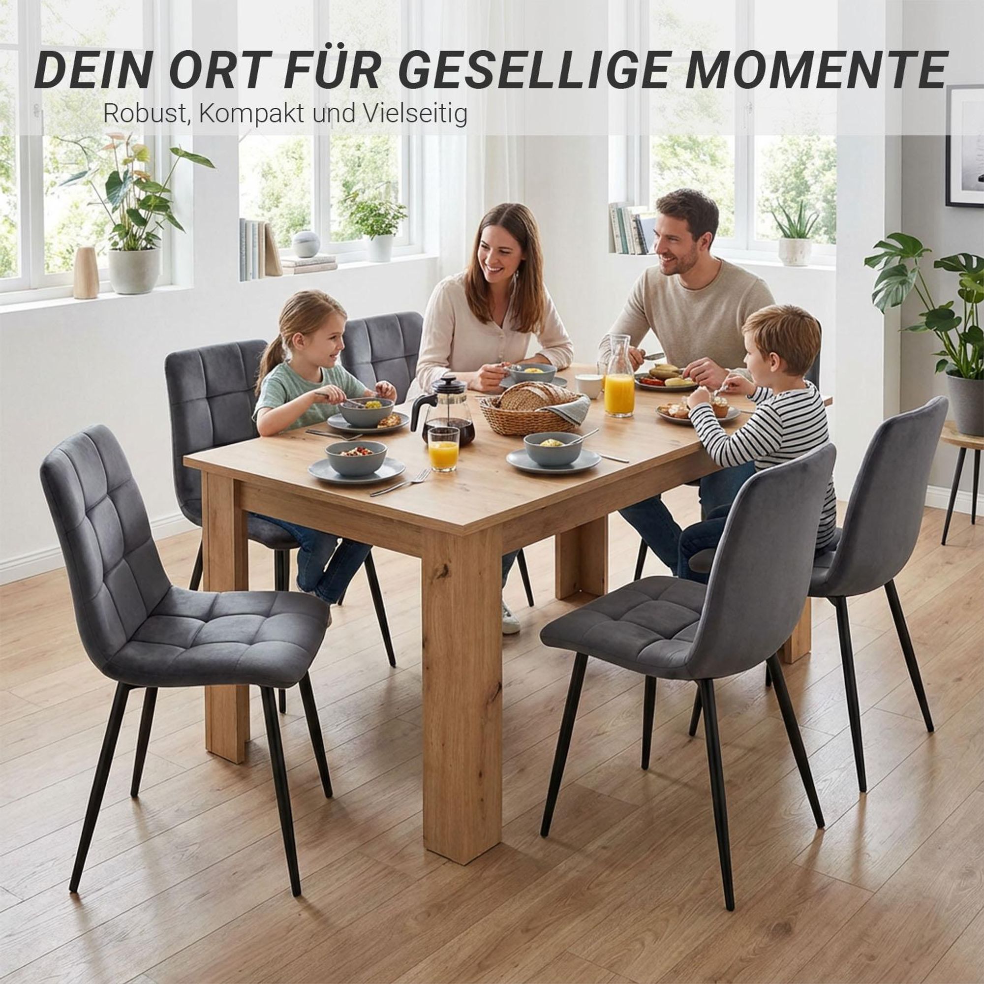 Das Bild zeigt den naturfarbenen Holztisch mit einer Familie beim Frühstück.