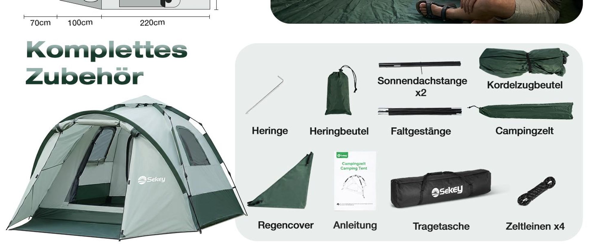 Sekey Kuppelzelt 4 Personen mit Vorzelt & Markise, Pop Up Campingzelt, Wasserdicht PU3000 mm, UPF 50+, Familienzelt