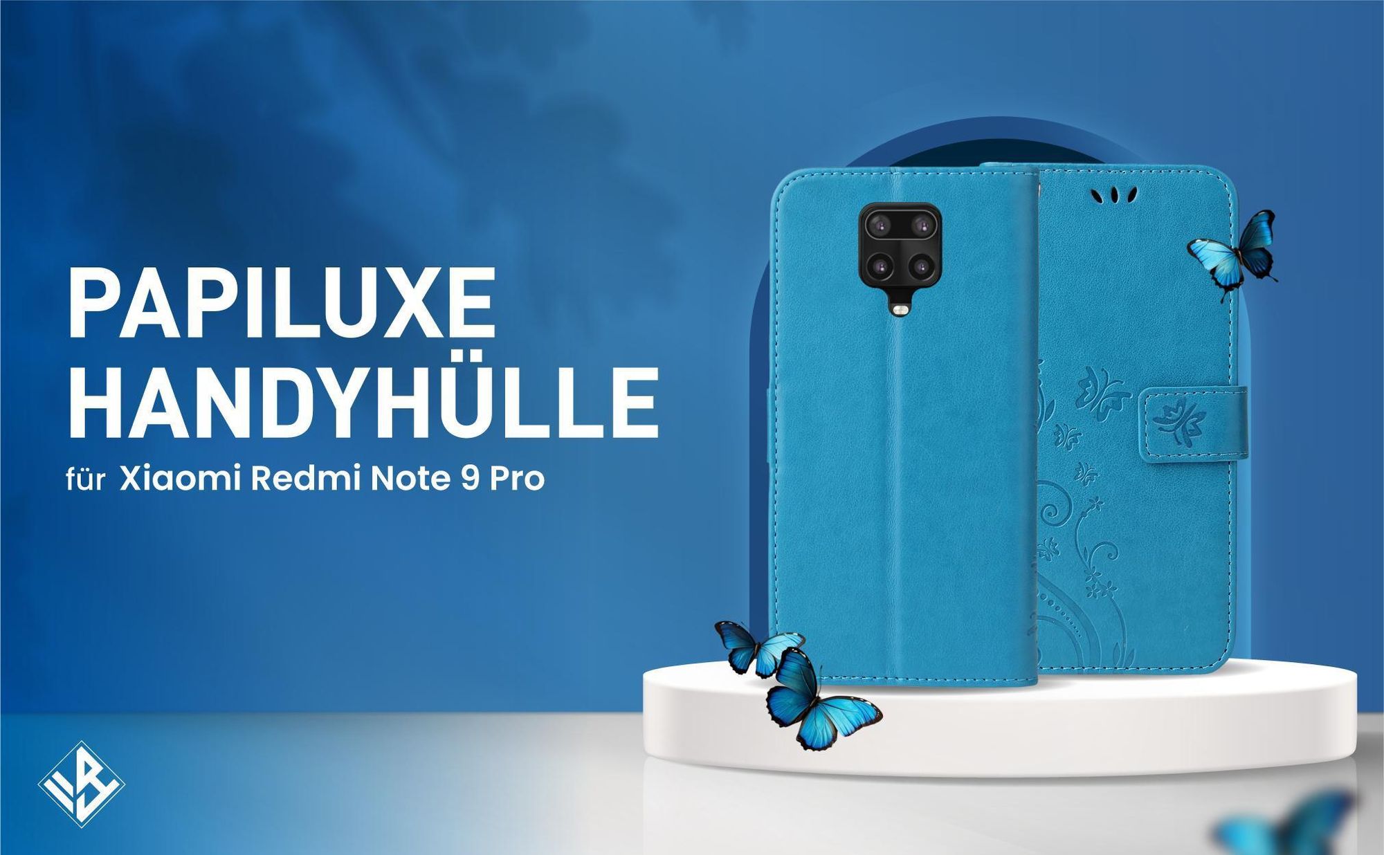 Blaue Klapphülle im Schmetterling Design für Xiaomi Redmi Note 9 Pro mit Wallet-Funktion