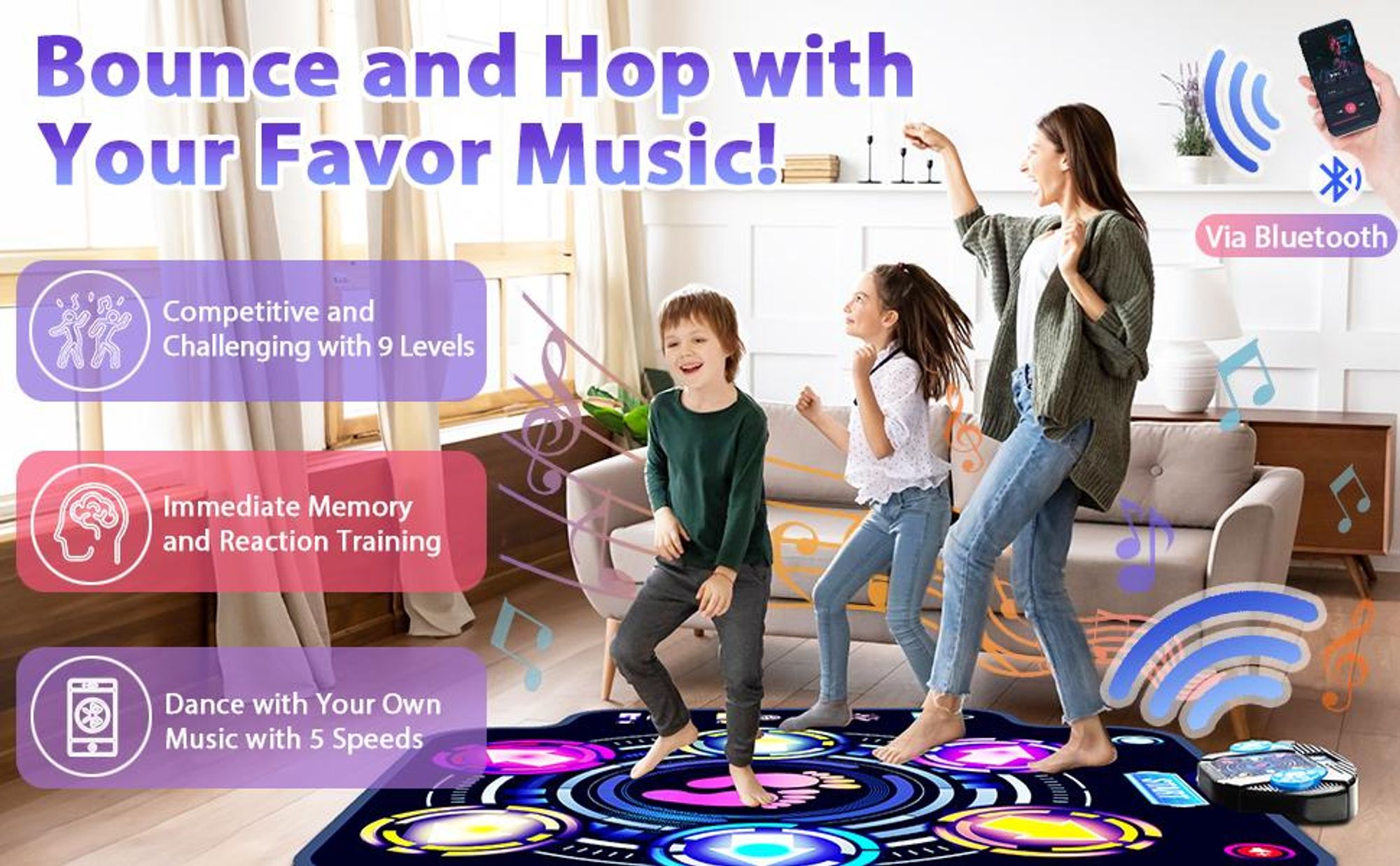 Tanzmatte, Musikmatte, 6-Tasten-Rhythmus-Step-Spielmatte, elektronisches Tanzpad mit Bluetooth, LED-Leuchten