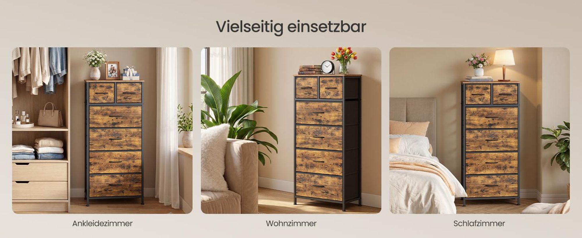 SONGMICS Kommode im modernen Stil, Schubladenschrank mit 6 Stoffschubladen, 50,6 x 30 x 117,7 cm, Vintage-Braun