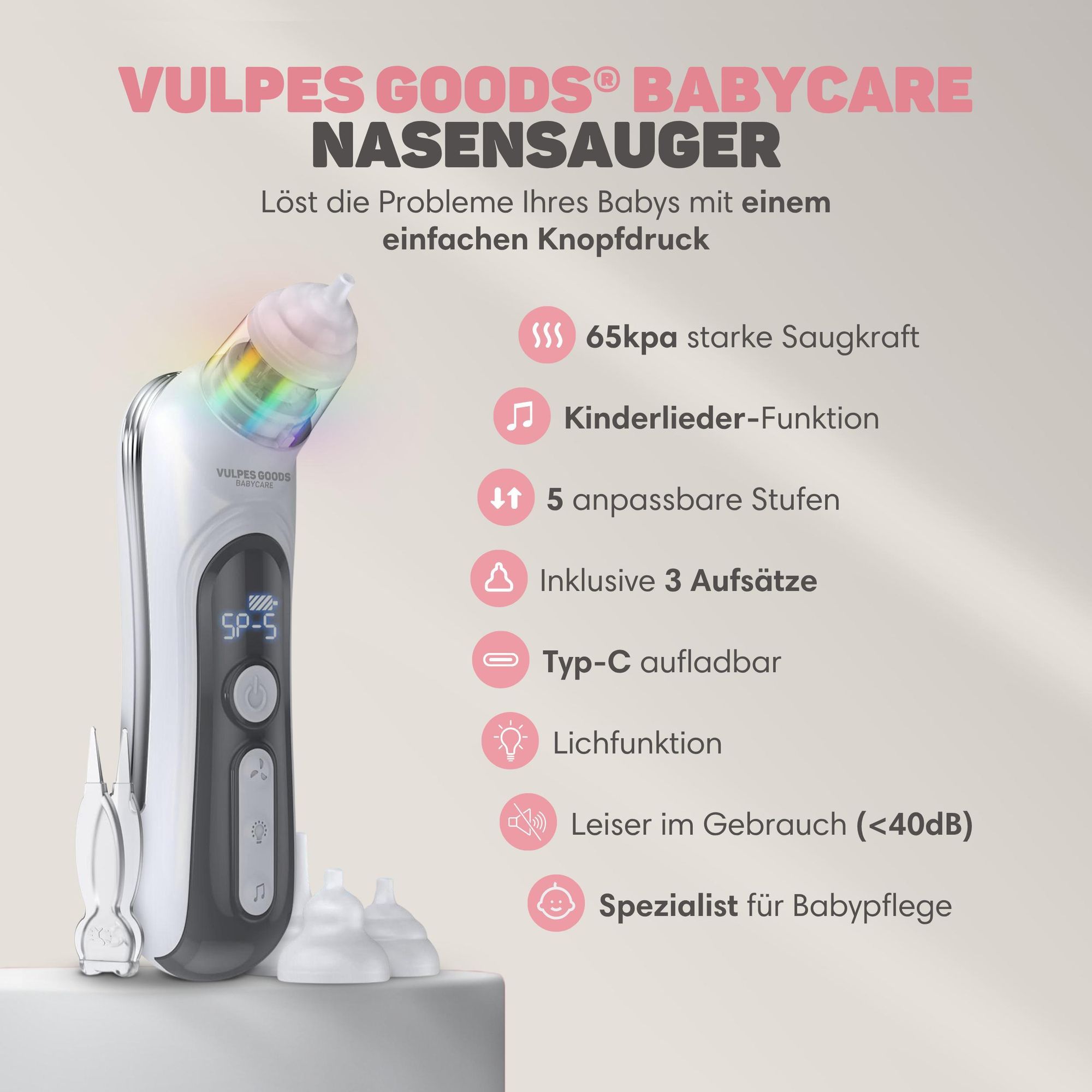 Vulpes Goods Nasensauger Baby Elektrisch, Multi. 2 in 1 Nasensauger für Neugeborene, mit 5 Staubsauger Saugstufen und 3 Silikondüsen Anti Reflux