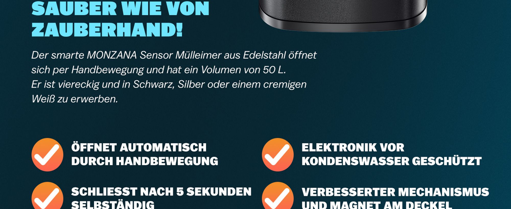 MONZANA® Mülleimer mit Sensor Küche 50L Edelstahl Automatik Deckel Klemmring inkl. USB-Kabel Abfalleimer Groß Papierkorb LED Anzeige, Farbe:schwarz
