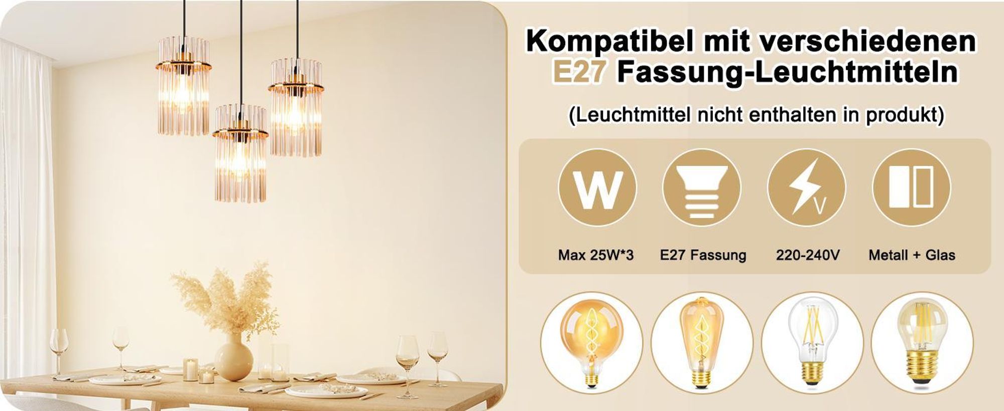 ZMH Pendelleuchte 3 Flammig Hängelampe Esstisch - Hängeleuchte Rund Gold E27 Pendellampe aus Glasschirm Ø 16 für Esszimmer Küche Wohnzimmer Cafe Bar (ohne Leuchtmittel)