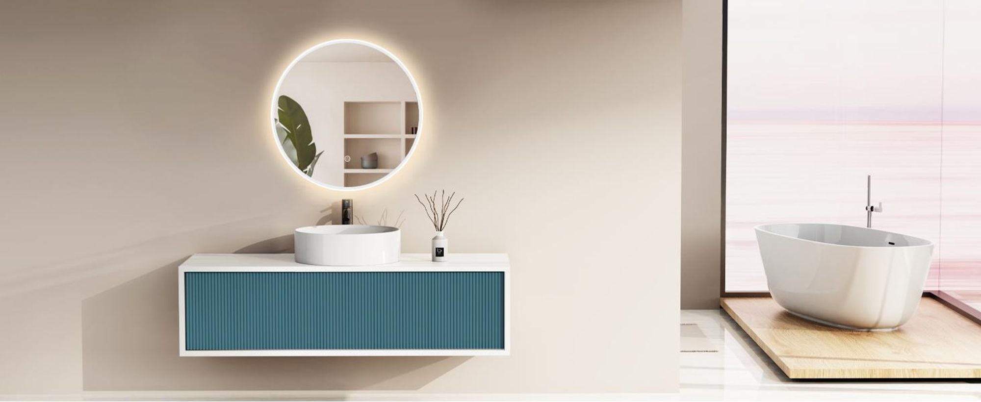 HOKO Miroir de salle de bain design rond 80 cm Vienne avec cadre métallique blanc. Economie d'énergie, éclairage LED + interrupteur tactile + changement de lumière LED.