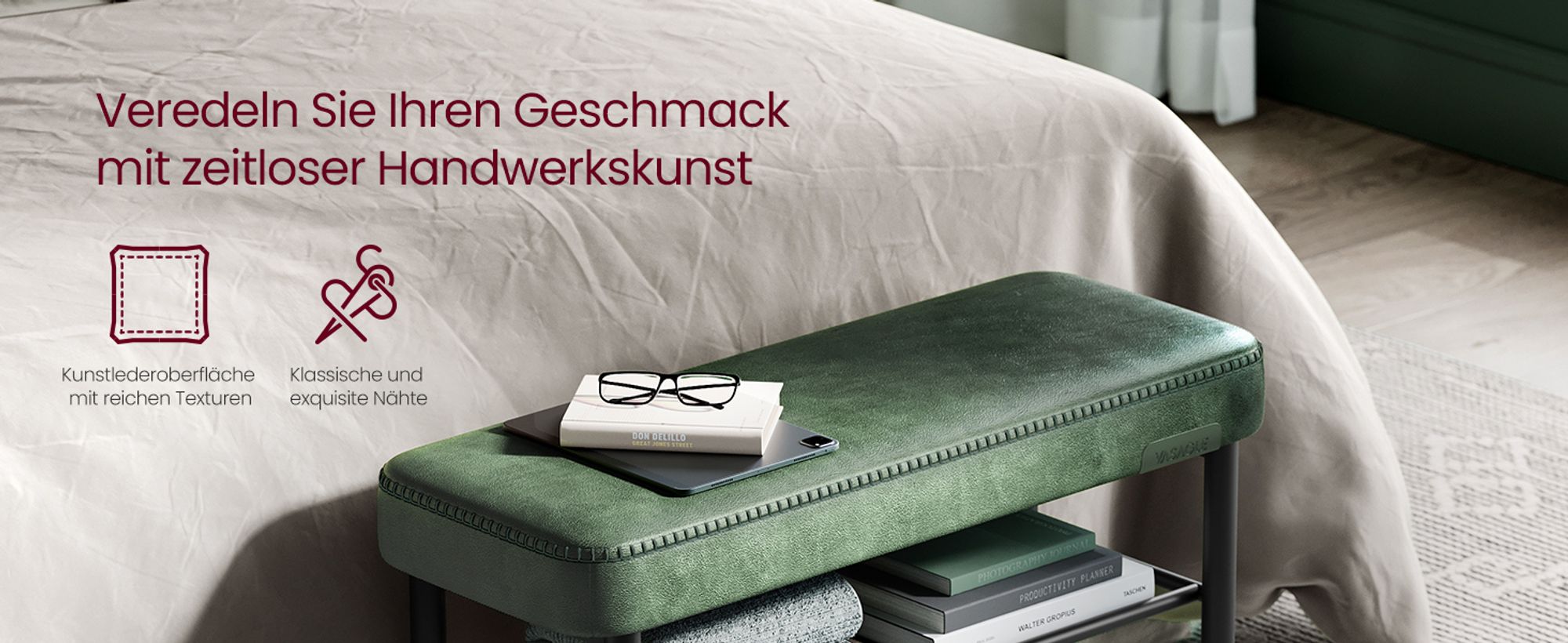 VASAGLE EKHO Kollektion - Schuhbank, Kunstleder, 30 x 80 x 50 cm, grün