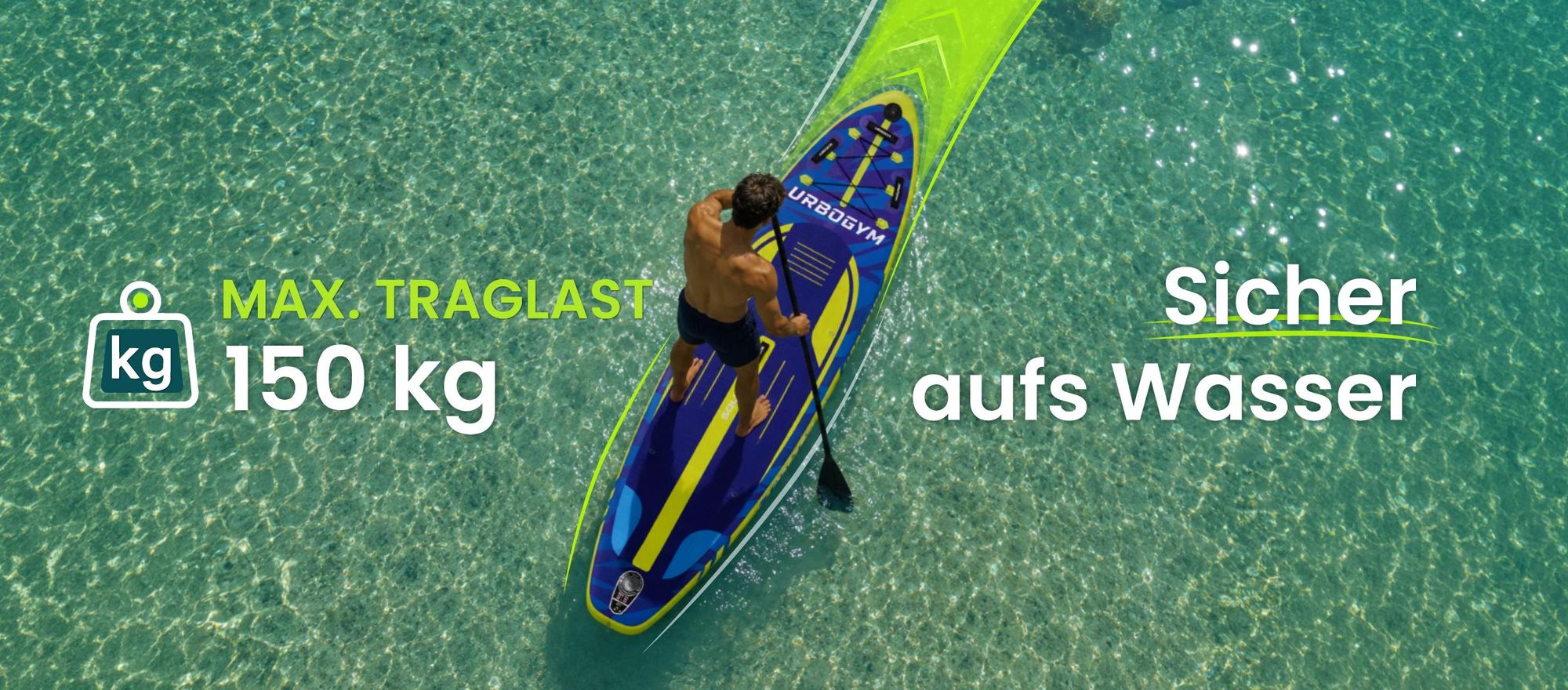 SQUALL 320 SUP-Board mit breiter Standfläche und einer maximalen Belastbarkeit von 150 kg.