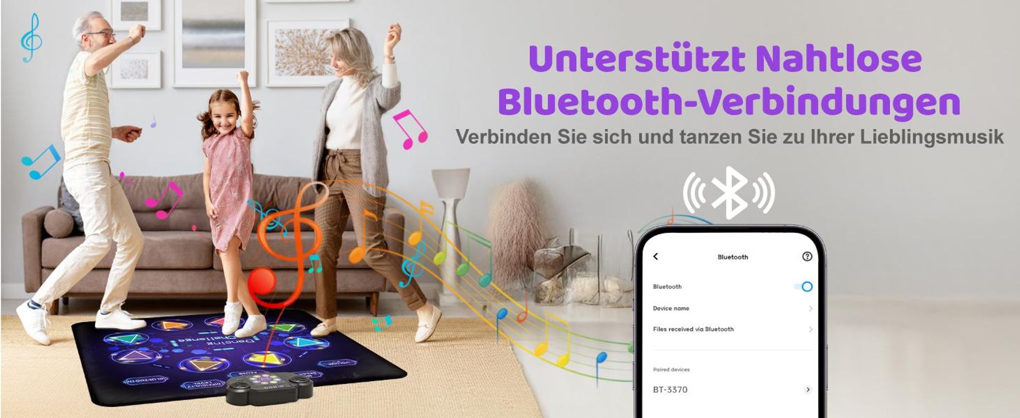 Tanzmatte, Musikmatte, Tanzbodenmatte, Bluetooth, 8 Modi, mit LED-Lichter, Weihnachten Geburtstags Spielzeug, für 4-12 Kinder